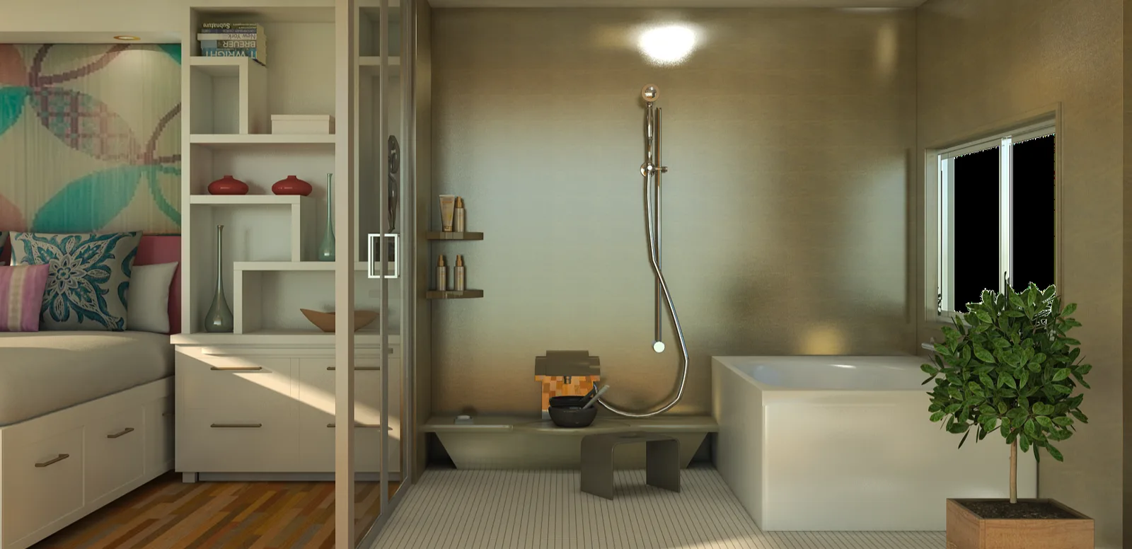 Badezimmer mit Wanne, Regendusche und offenem Wohnbereich